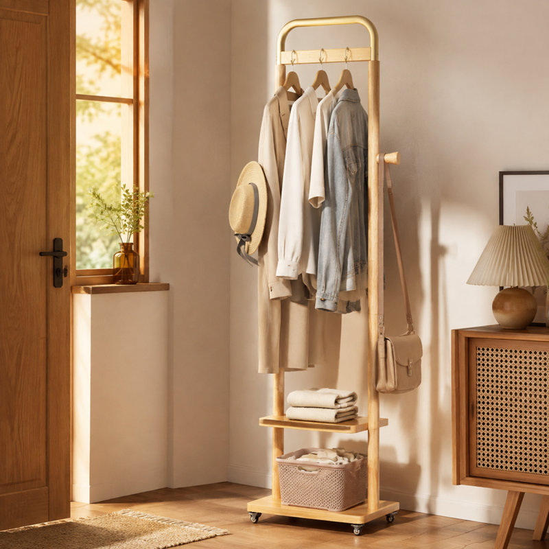 Porte-manteau en bois massif au design compact, idéal pour les entrées, les chambres et les salons., Noyer