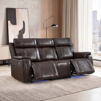 84'' Wide Modern Upholstered Faux Leather Reclining Sofa With USB &Cup Holders