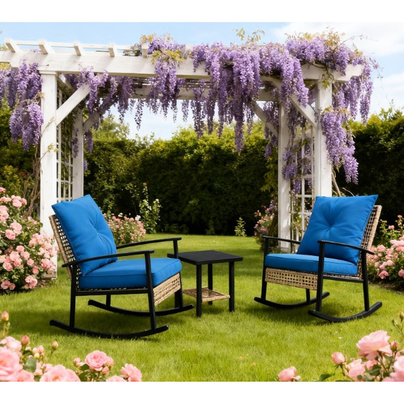 Fauteuil à bascule et table d'appoint pour patio - Mobilier d'extérieur 3 pièces, Naturel, Acier galvanisé enduit de poudre bleu foncé