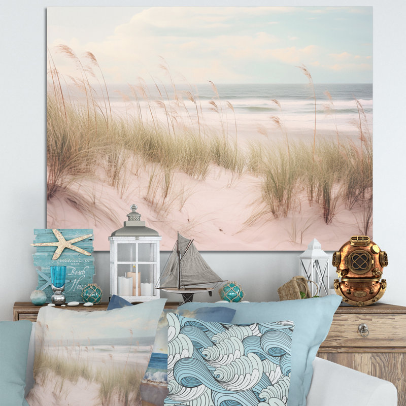 «Ocean Spring Bliss Tender Pastel Beach Grass» - art mural de plage côtière pour le salon, H 16 po x l 32 po, Toile tendue