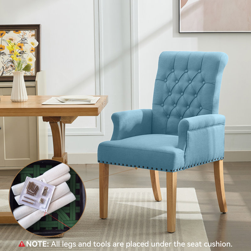 Tufted Upholstered High Back Dining Armchair, Linen, Blue Linen