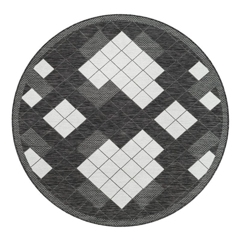 Tapis intérieur / extérieur en polypropylène géométrique tissé à la machine en noir / blanc, Rond 6 pi 1 po