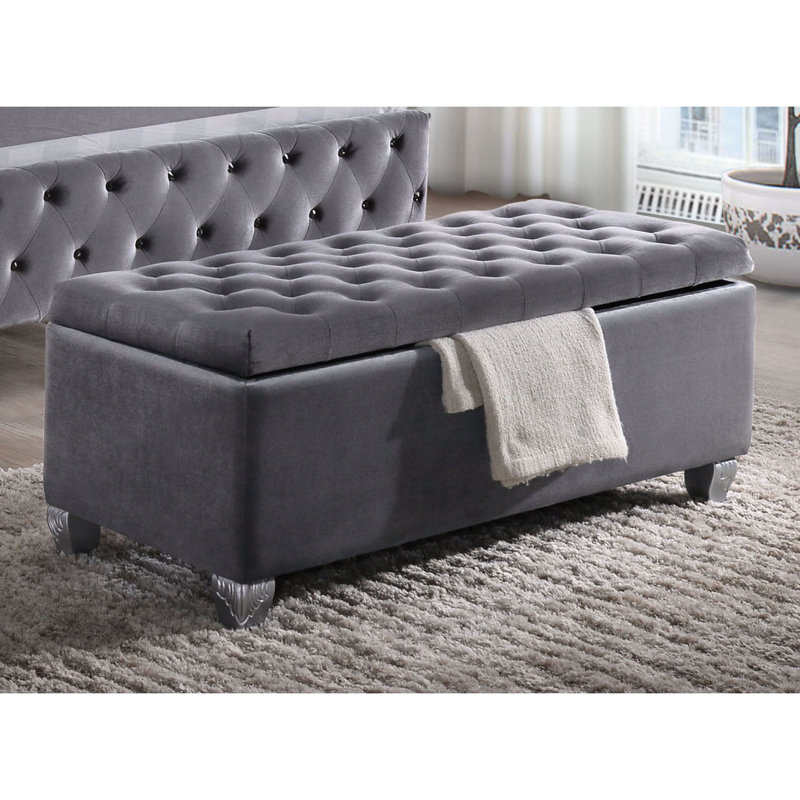 Banc de rangement relevable gris pour chambre à coucher - Velours confortable et fonctionnel pour un espace spacieux et élégant