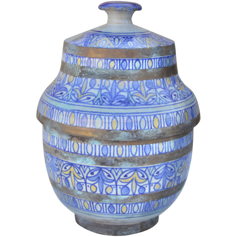 Vase en céramique bleu du début du 20e siècle avec bandes de laiton incrustées