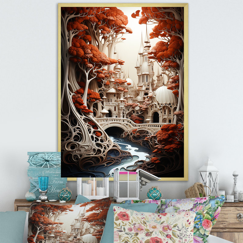 Paysage de château surréalisme fantastique sur toile, Cadre doré simple, H 32 po x l 24 po x P 1 po