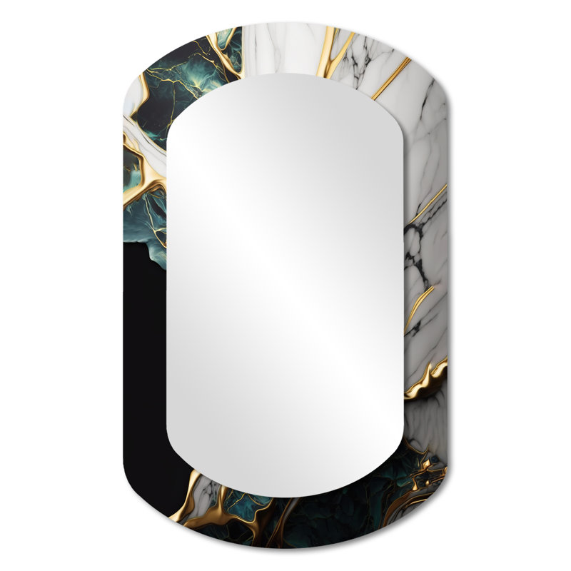 Abstract Geode Gold And Green Marble III - Marble Cylinder Decorative Mirror, Modern Asymmetrical Wall Mirror, Printed Metal Art