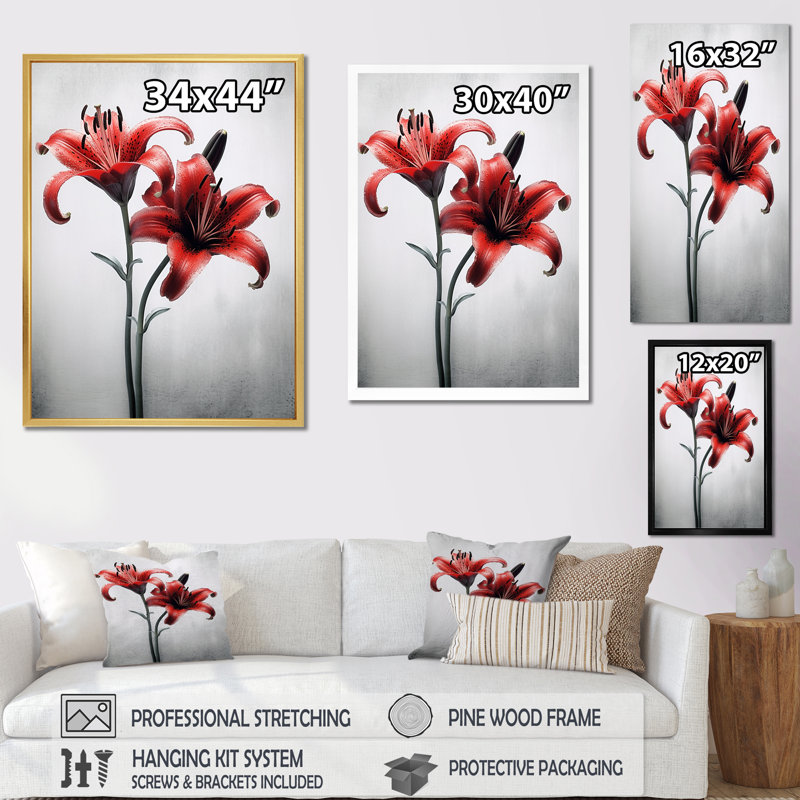 Pétales de lis rouges et gris sur toile, Cadre flottant blanc, H 40 po x l 30 po x P 1,5 po