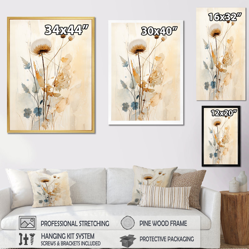 Reproduction d'art sur toile chardon beige II - chardon, Cadre doré simple, H 32 po x l 16 po