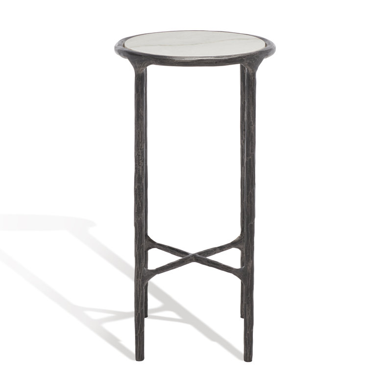 Jessa Forged Metal Tall Round End Table, White Marble Top/Black Base