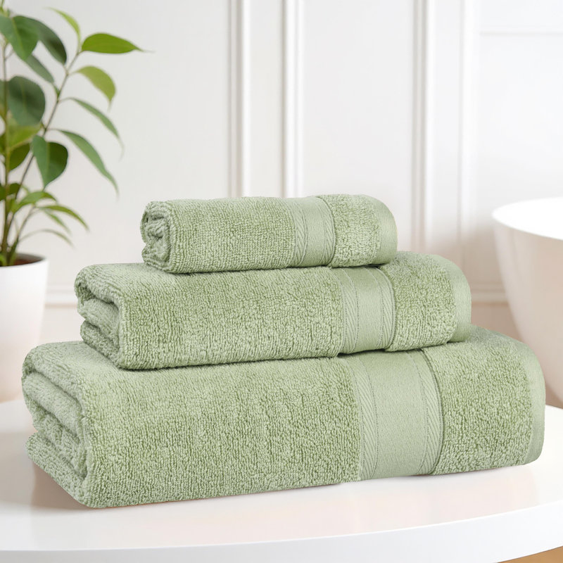 Nile Mills Zero-Twist Cotton Towel Set With Framed Dobby Border - Quick-Dry, Green