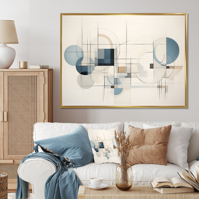 Bleu gris, dessin au trait abstrait géométrique IV - art mural, Cadre flottant doré, H 16 po x l 32 po x P 1 po