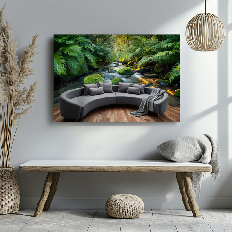 Toile, scène sereine de forêt tropicale avec un ruisseau doucement encadré par une verdure luxuriante avec fougères