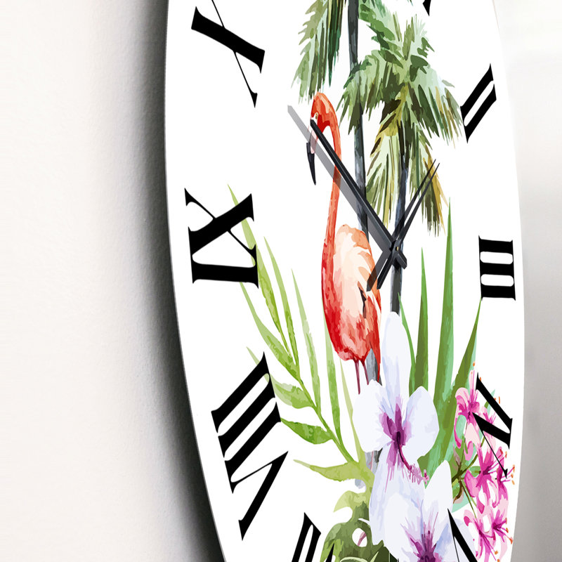Flamant rose avec palmiers et fleurs II - Horloge murale traditionnelle, Petit