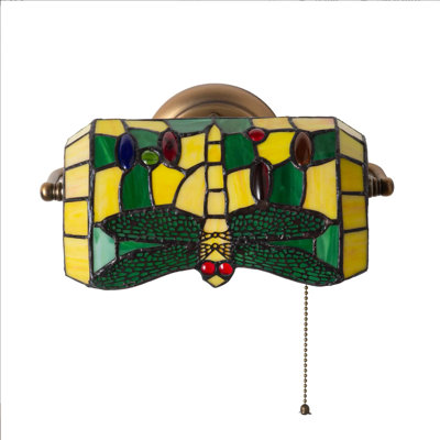  Applique murale style Tiffany, lampe libellule en verre coloré avec base en laiton, luminaire mural rétro E26 pour le salon de la chambre à coucher, jaune
