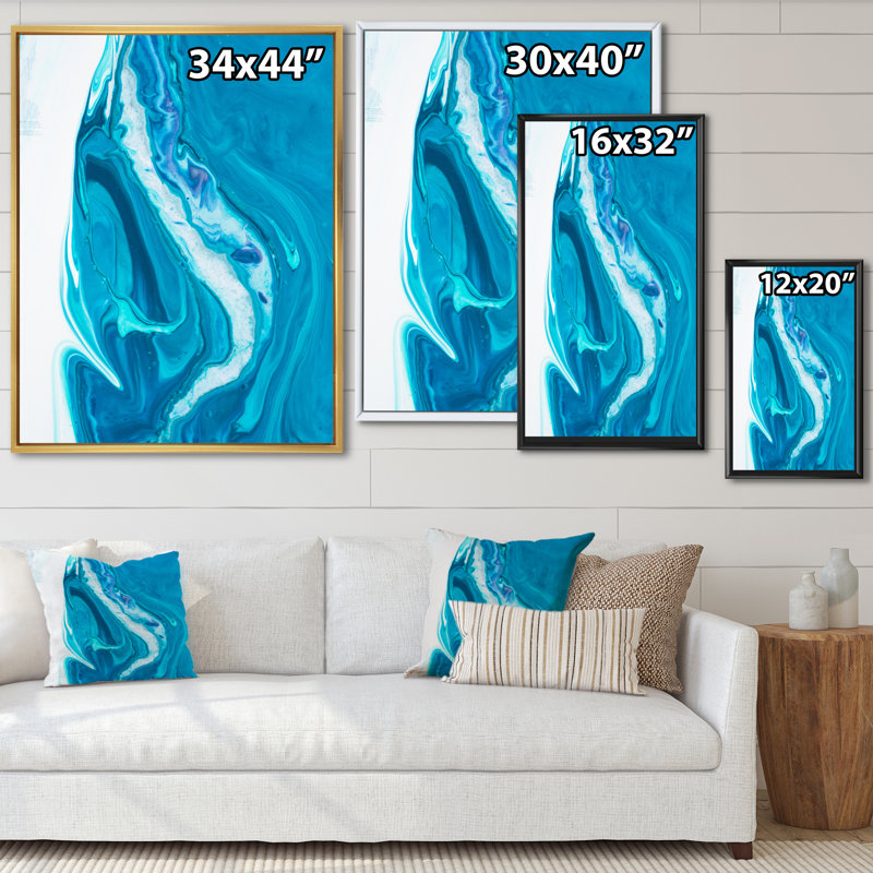 Décoration murale moderne sur toile en marbre turquoise de luxe II, H 36 po x l 24 po x P 1 po, Cadre flottant doré