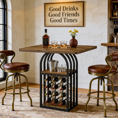 Table de bar carrée industrielle, table bistro H 35 po avec support à vin à 4 niveaux et tablettes