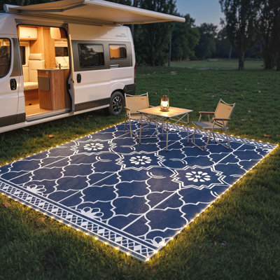 Reversible Outdoor Rug Carpet with LED Lights, 12' x 9' PP Straw Rug, Portable RV Camping Mat with Carry Bag and Ground Stakes for Backyard, Deck, Picnic, Beach, Dark Blue and White
