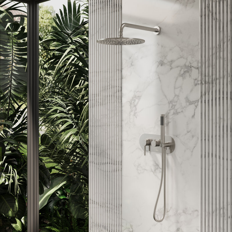 Système de douche à 2 fonctions Angelsey avec valve à pression équilibrée, pomme de douche ronde solide de 12 pouces et douche à main en nickel brossé