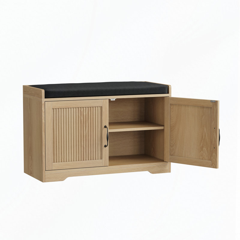 Banc de rangement pour hall d'entrée avec portes doubles, coussin confortable et lattes verticales, Chêne, Chêne