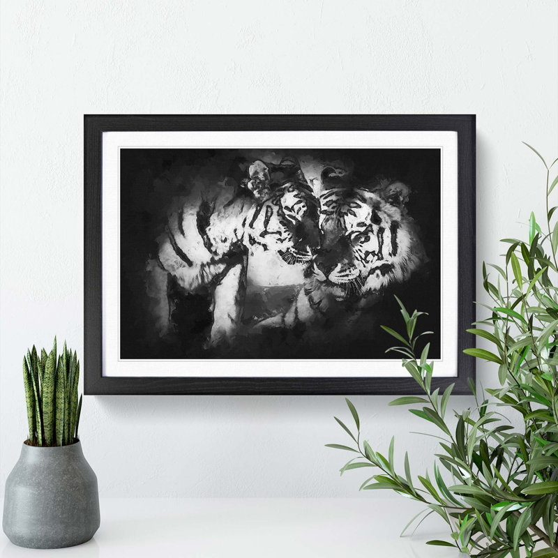 Two Snuggling Tigers in Abstract - Picture Frame Painting Print, 62cm H x 87cm W x 2cm D, Black Framed