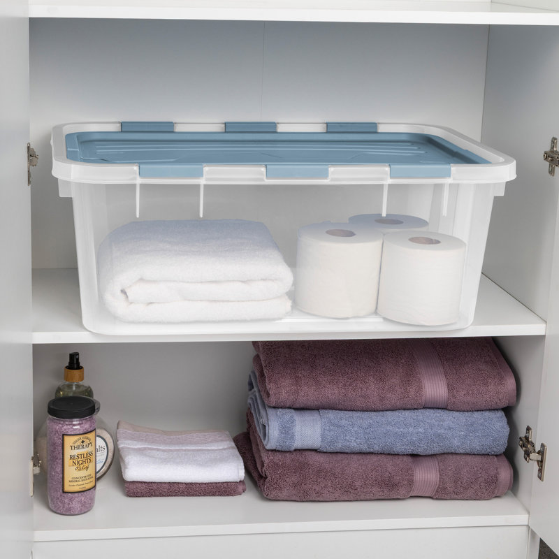 Sterilite 40 Qt Hinged Lid Storage Box, Plastic Container, Washed Blue, 6 Pack, 40 qt.