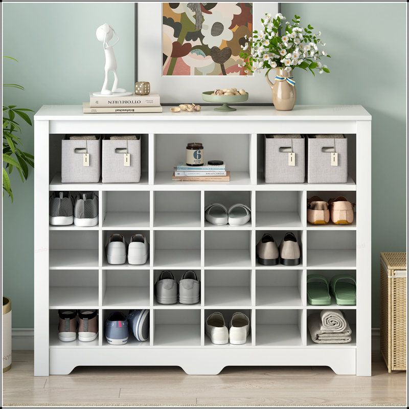 Versatile Modern Shoe Console with Curved Base for Multiple Rooms, Offering Ample Storage and Elegant Design, White