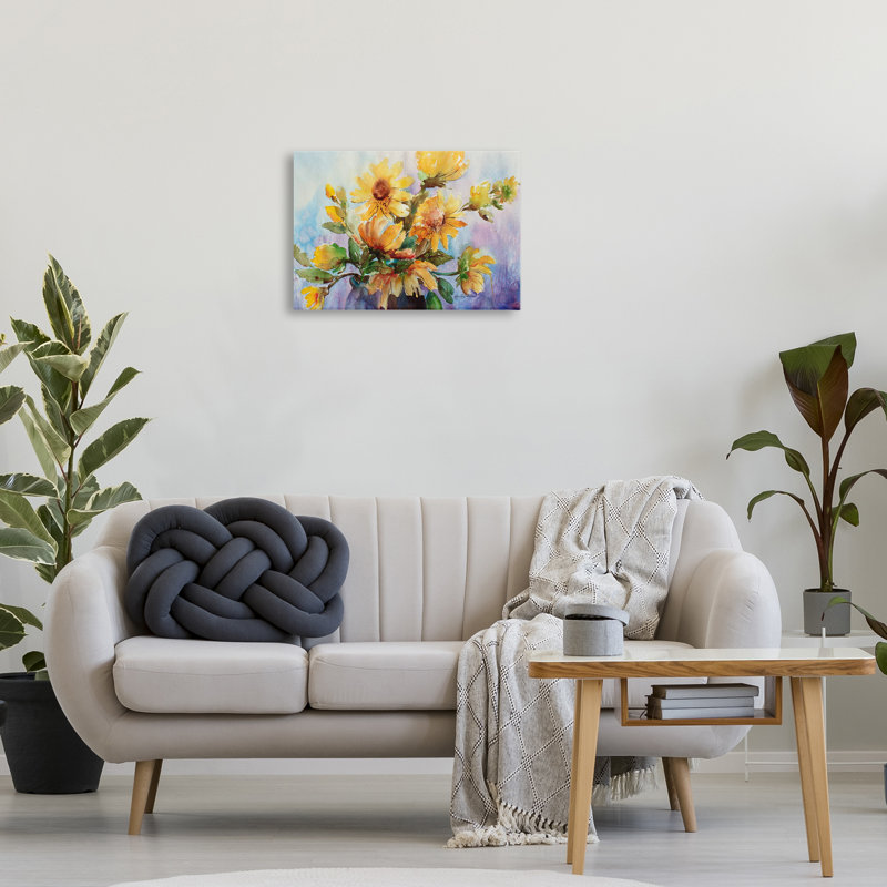 "Watercolor Daisies Vase", art mural par Karen Lind, H 16 po x l 24 po
