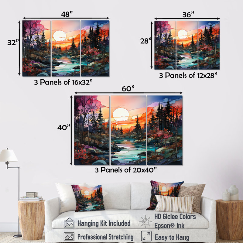 Rivière, rivière, forêt, lever de soleil - ensemble d'art mural forêt, Toile tendue, H 40 po x l 60 po x P 1 po