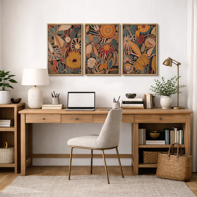 Abstract Botanical "Bohemian Orange Brown Floral Artwork, Unique Vintage Classy Living Room Wall Pictures, Framed Canvas Giclée Print 3 Pieces Wall Art" 16"x24"x3 pcs, 24"x36"x3 pcs, 20"x60"x3 pcs