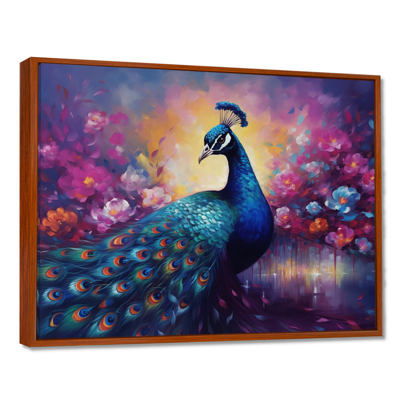 «Vibrant Peacock II» - art mural paon, H 16 po x l 32 po x P 1 po, Cadre flottant brun
