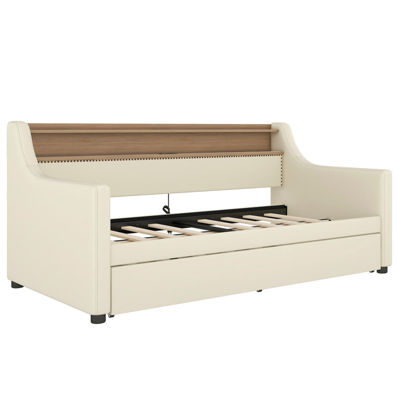 Lit de jour simple avec couchette - charge tendance, lumières à DEL et cadre de tête de lit, espace, Beige