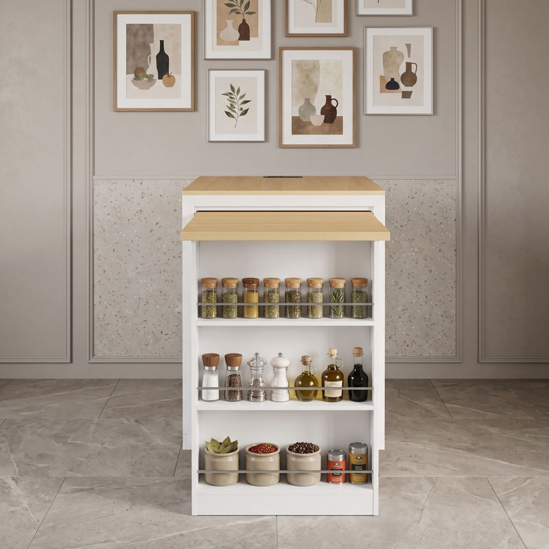 Table à hauteur de comptoir extensible avec prise de courant, rangement pour le vin et tiroirs, Blanc naturel
