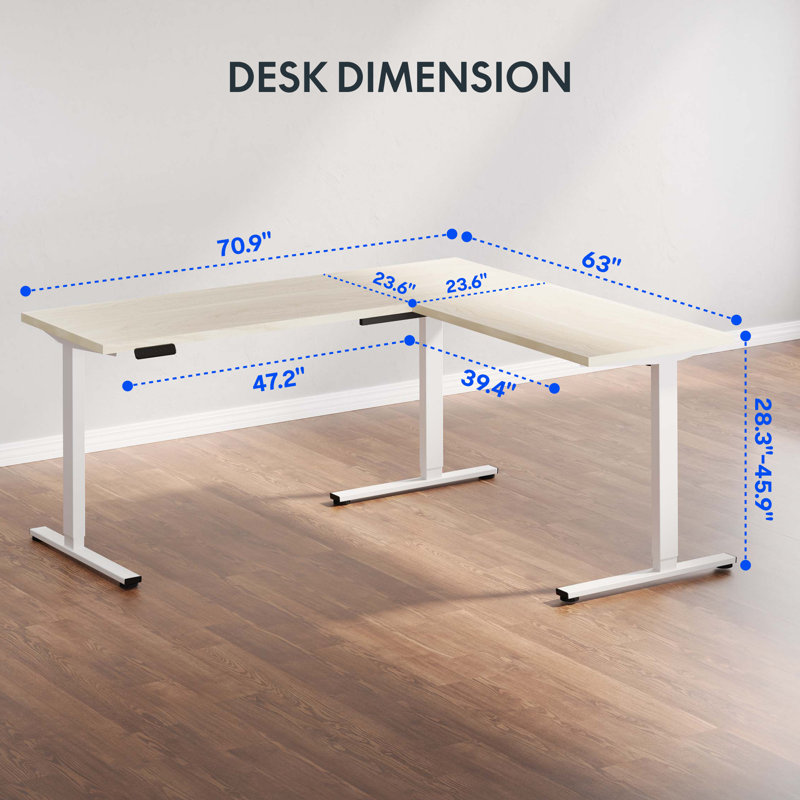 71'' L-Shaped Home Office Height Adjustable Standing Desk, 45.9" H x 71" W x 63" D, Maple/White