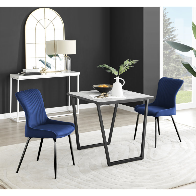 Industrial Design White Marble Effect Melamine Dining Table and Chairs - 2 Velvet Dining Chairs, Blue/Black