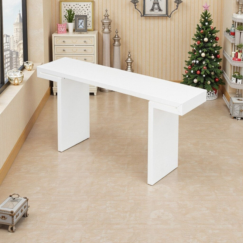 60-Inch MDF Console Table with Geometric Design and Adjustable Feet for Living Room Entryway Hallway, White