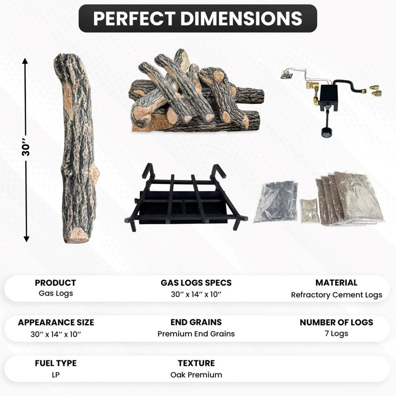 Ensemble de bûches au gaz et de foyer Great Oak pour foyers ventilés, H 20 po x l 34 po x P 15 po, Propane liquide