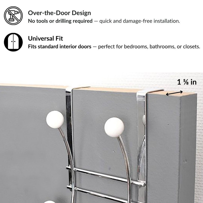 Over The Door Hook Rack with 4 Ball Ends, Chrome/White