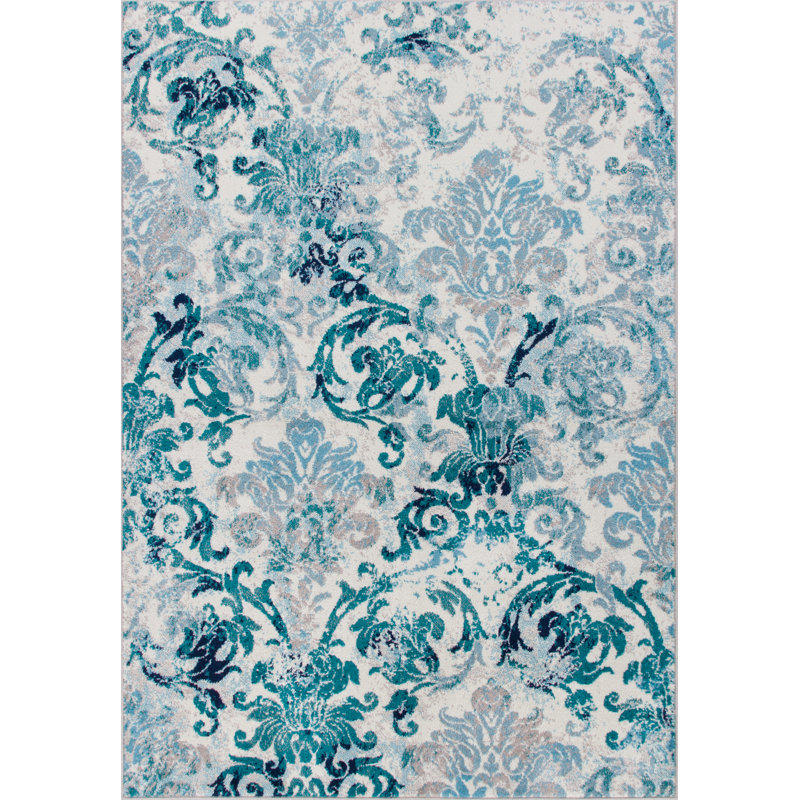 Tapis bleu / gris à motif damassé Mayesville, Rectangle 3 pi 3 po x 4 pi 11 po