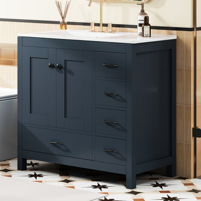 Meuble-lavabo bleu 36 po avec lavabo en céramique, 2 portes à fermeture en douceur, 5 tiroirs, grand espace de rangement pour les soins de la peau et le lavabo, meuble-lavabo