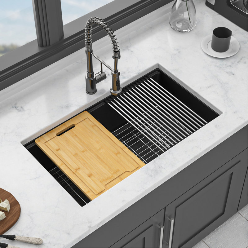 33X19" Black Quartz Composite Sink - Advanced Workstation Undermount With Inclusions Kitchen Strong And Add-, Black