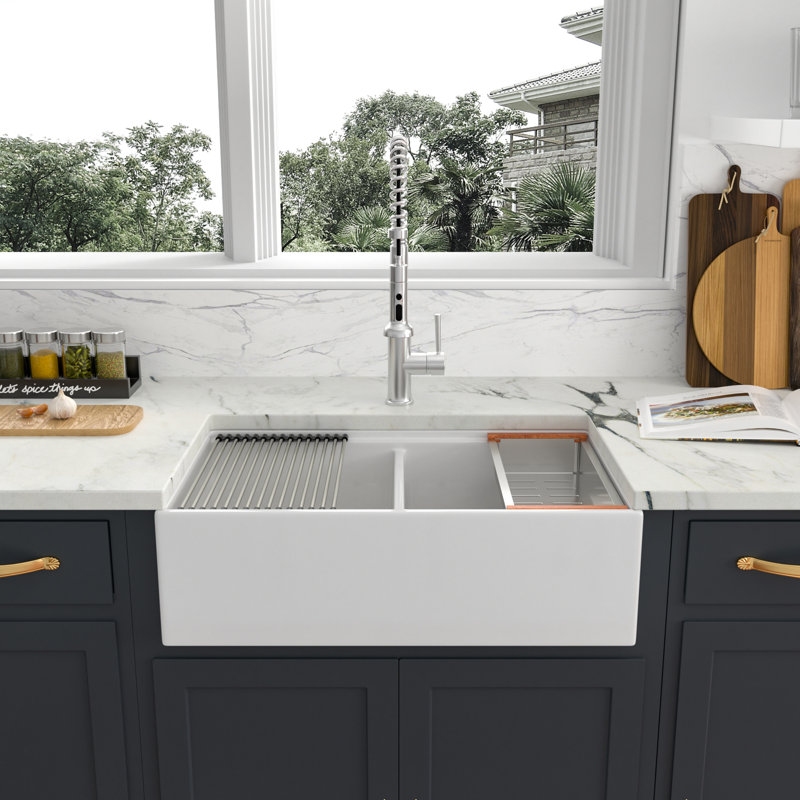 Évier de cuisine à double cuve en céramique 33 po x l 20 po avec tablier Framhouse / tablier avec accessoires, Argent argent