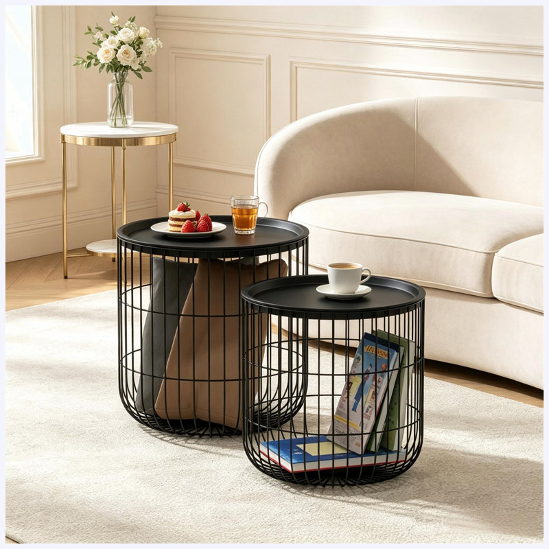 Modern Wire Frame Round Accent Tables, Removable Top Side Table Coffee Table Set for Living Room