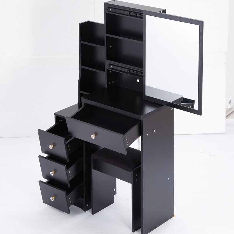 Left Bedside Cabinet Vanity With Three Color Switching Led Mirror, Adjustable Brightness, Cushioned Stool, For Compact Living Spaces Small Sized Table Touch-Control & Brightness Adjustable,