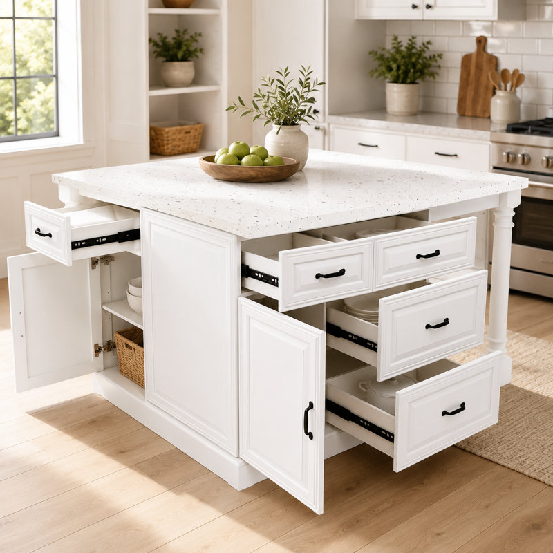 White Transitional Kitchen Island Base With Legs, 57.5" W Storage Cabinet & Prep Station