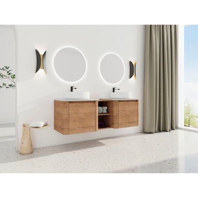 Meuble-lavabo mural 60 po avec lavabo d'art en céramique, 1 tablette de rangement, porte à fermeture en douceur, meubles modernes en contreplaqué, rangement spacieux, lavabo facile à nettoyer et charnières à fermeture, blanc