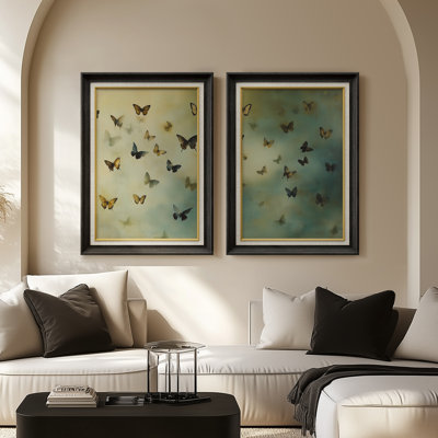 Art mural doré et bleu sarcelle avec motif de nature atmosphère - ensemble de 2 reproductions d'art encadrées de qualité supérieure sur papier 26 po x 36 po
