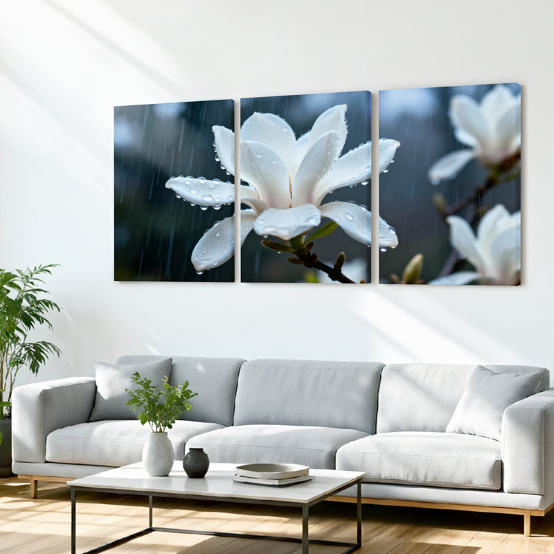 Ensemble de 3 tableaux sur toile tendue, motif « Gouttes de pluie et fleurs de magnolia blanc », pour la décoration du salon et de la chambre.