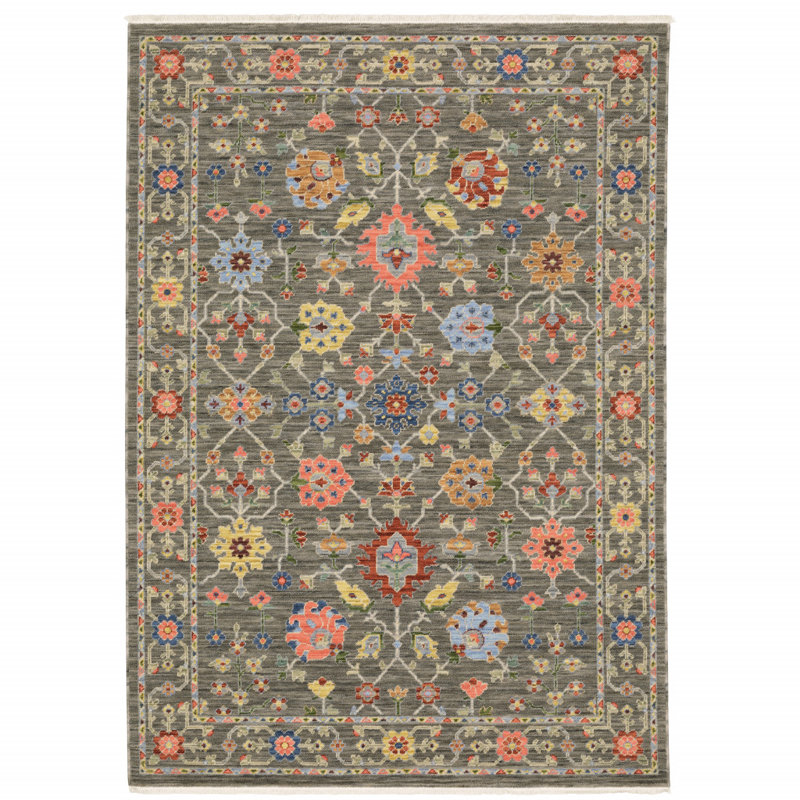 Oriental Machine Woven Gray/Pink Wool and Nylon Blend Area Rug, Rectangle 3'3" x 5'