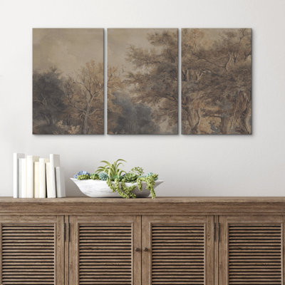 Vintage Forest Landscape Canvas Print Wall Art Set of 3 - Antique Nature Scene Decor for Library or Traditional Interiors