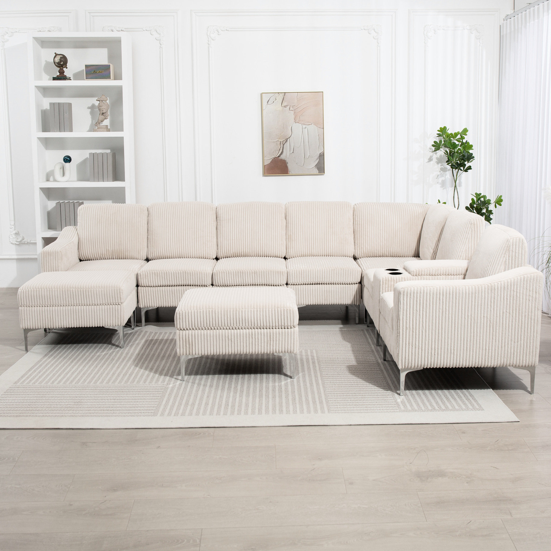 Latitude Run® Beige Convertible Modular With Corduroy Upholstery And ...